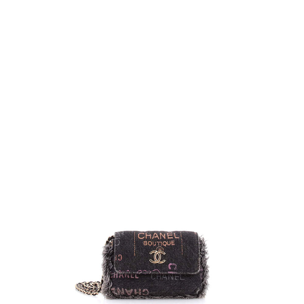 Chanel Denim Mood Flap Clutch with Chain Logo Printed Quilted Fringe Denim